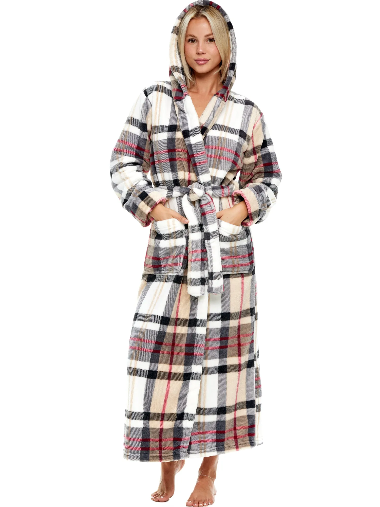 Women's Plush Fleece Hooded Bathrobe, Full Length Long Warm Lounge Robe with Hood