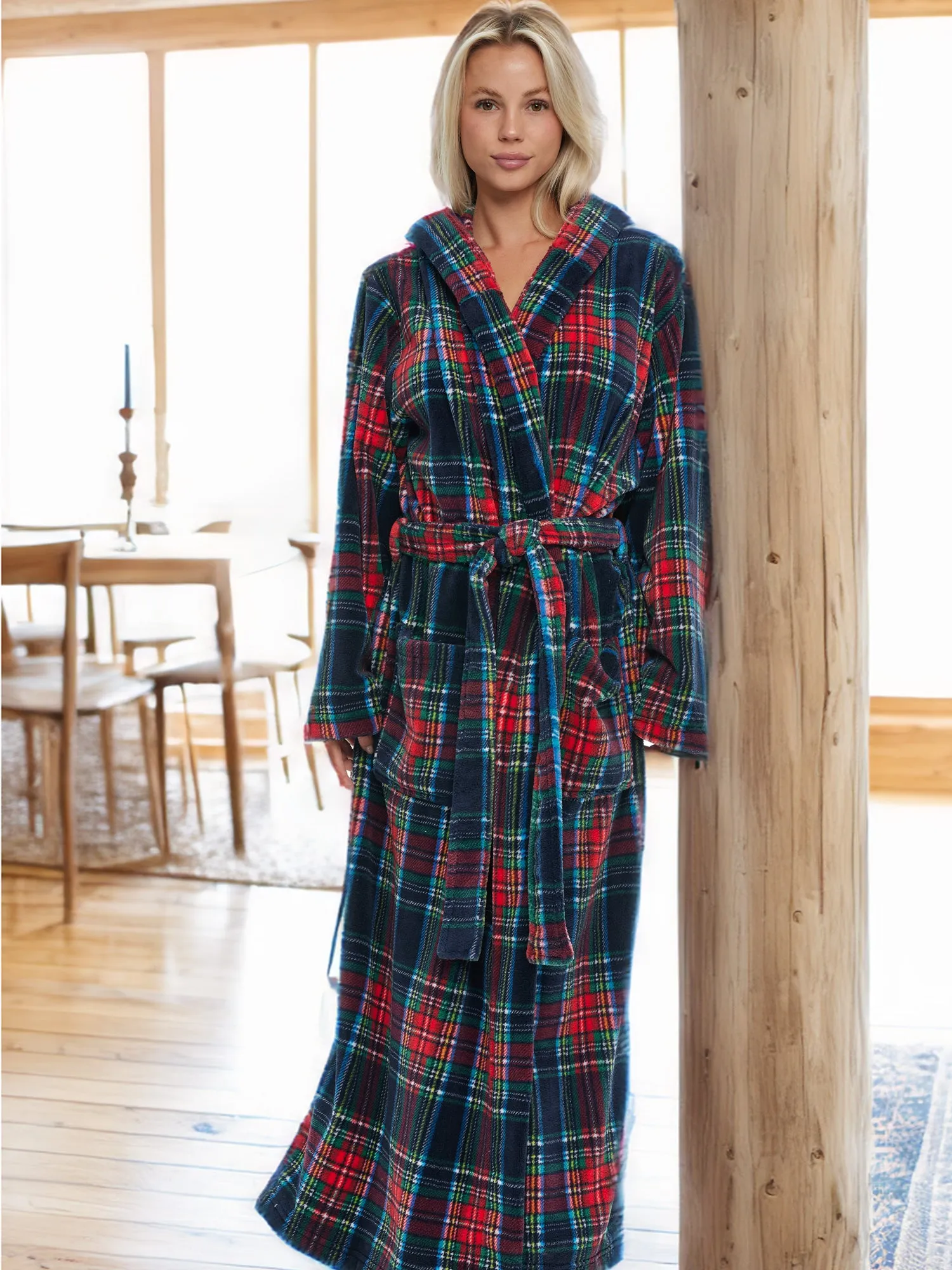 Women's Plush Fleece Hooded Bathrobe, Full Length Long Warm Lounge Robe with Hood